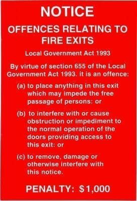 Sign Self Adhesive Offences Fire Exits Local Govt Act 225mm W x 155mm H